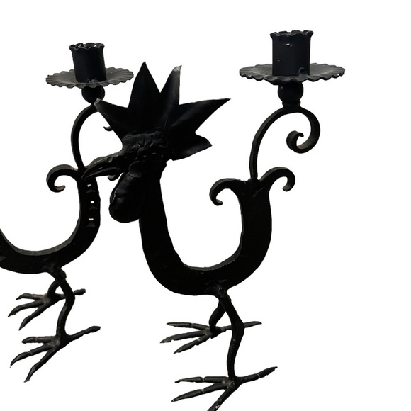 Set Of 2 Wrought Iron Rooster Candlestick Holder Horshoe Folk Art - Picture 4 of 14